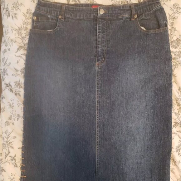 494 Long Midi Modest Denim Wash Blue Jean Y2K Skirt Size 18 Straight Back Slit - Picture 1 of 8